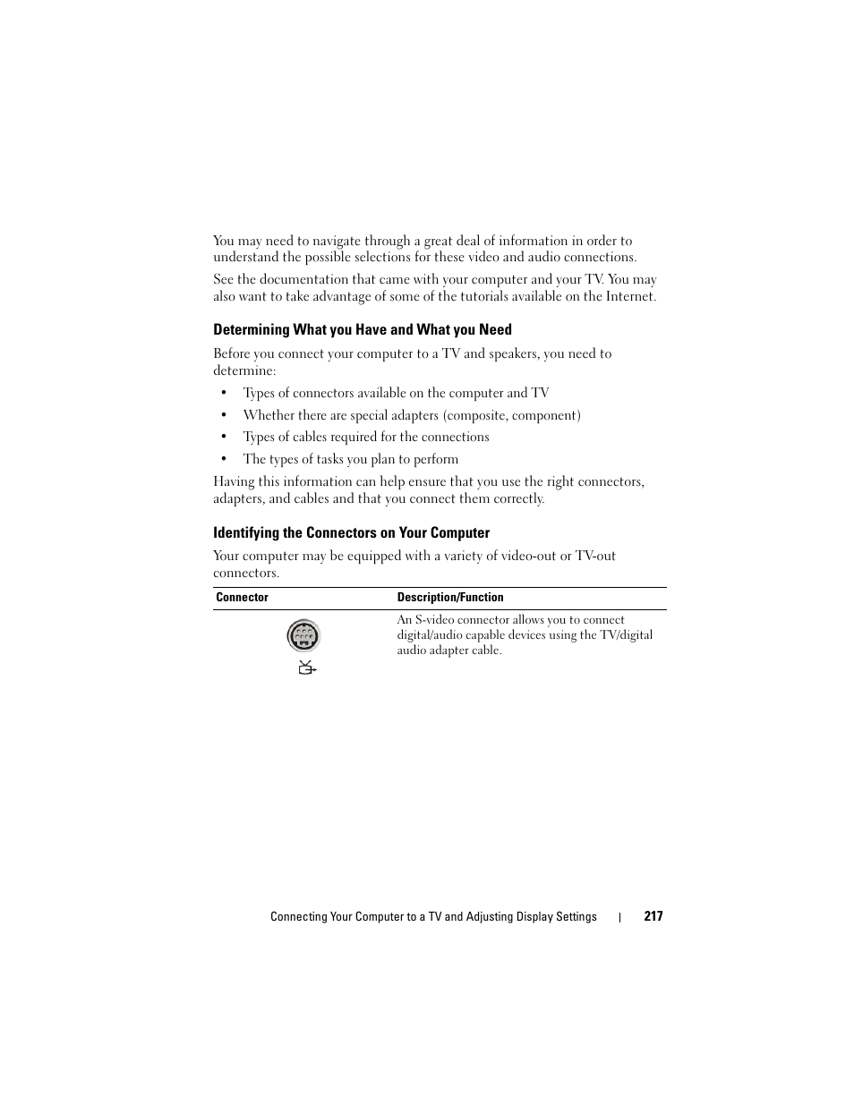 Determining what you have and what you need, Identifying the connectors on your computer | Dell Inspiron 14R (N4010, Early 2010) User Manual | Page 217 / 354