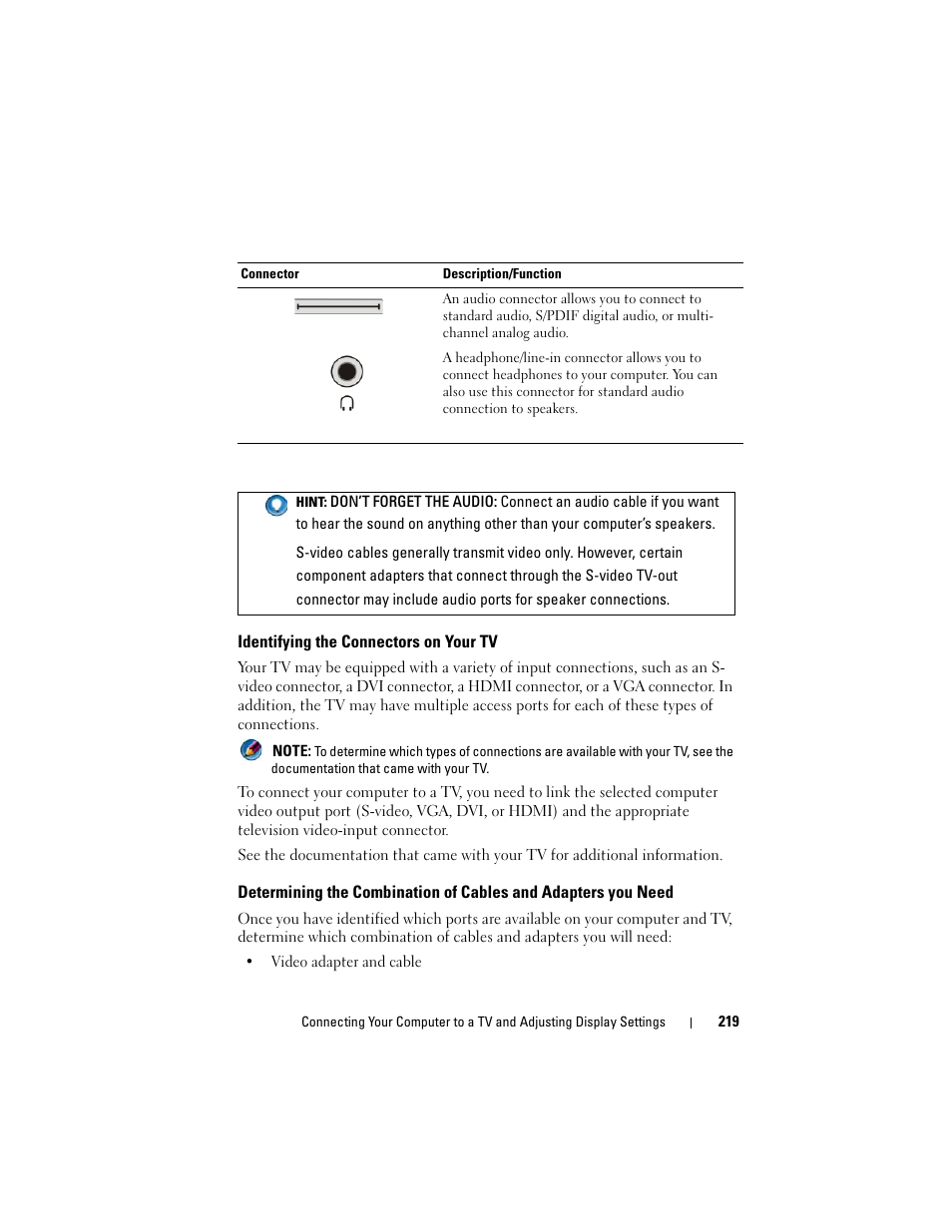 Identifying the connectors on your tv | Dell Inspiron 14R (N4010, Early 2010) User Manual | Page 219 / 354