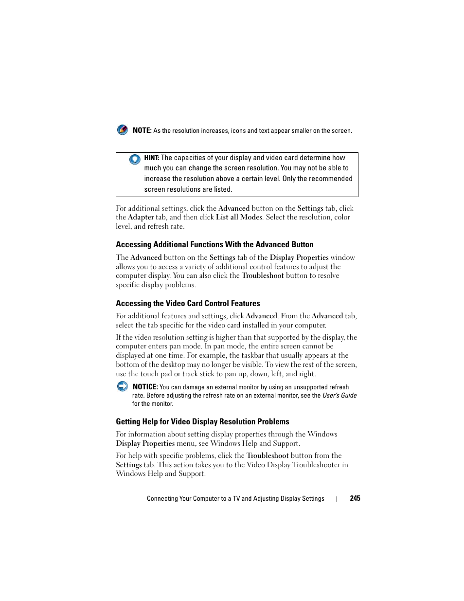 Accessing the video card control features, Getting help for video display resolution problems | Dell Inspiron 14R (N4010, Early 2010) User Manual | Page 245 / 354