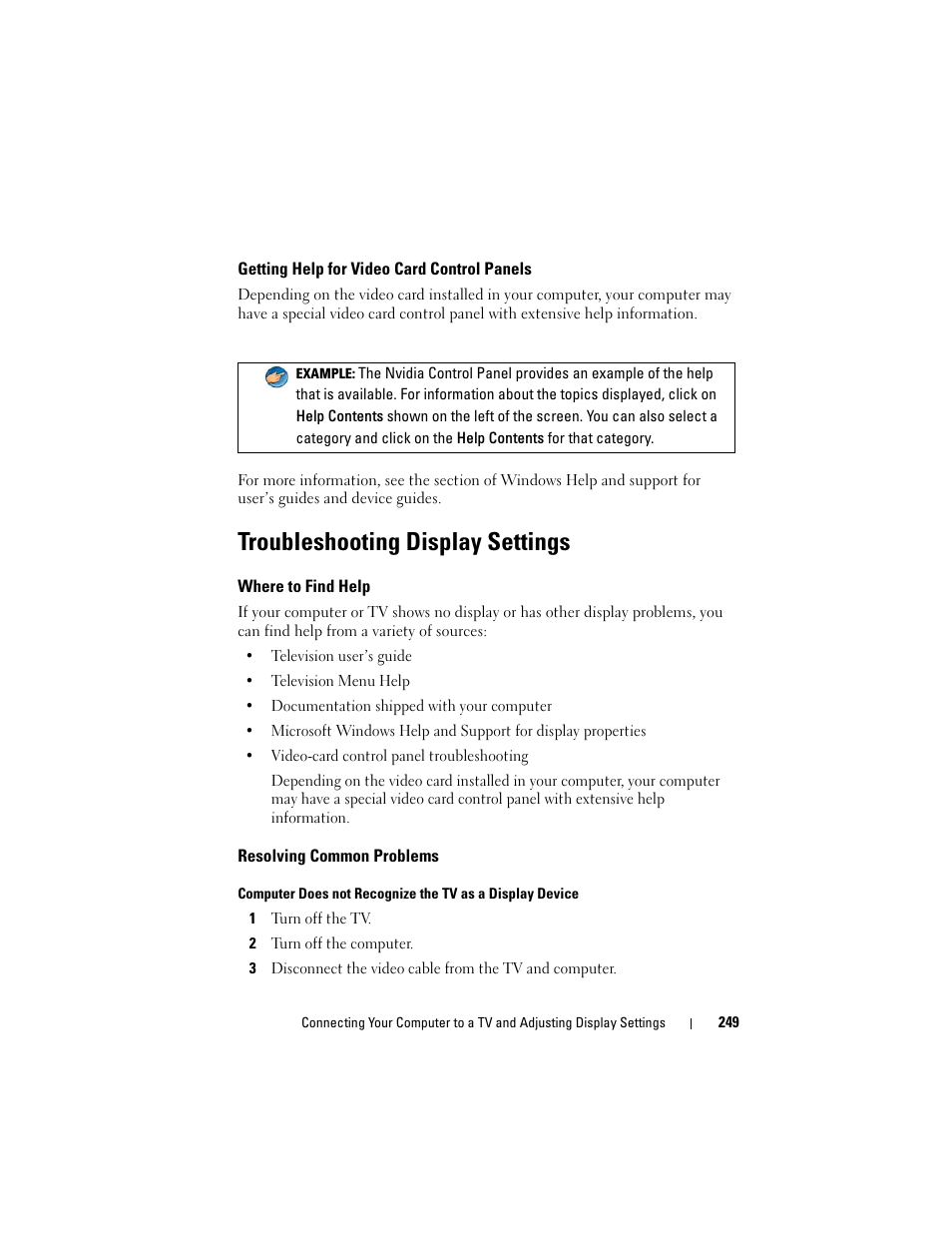 Getting help for video card control panels, Troubleshooting display settings, Where to find help | Resolving common problems | Dell Inspiron 14R (N4010, Early 2010) User Manual | Page 249 / 354