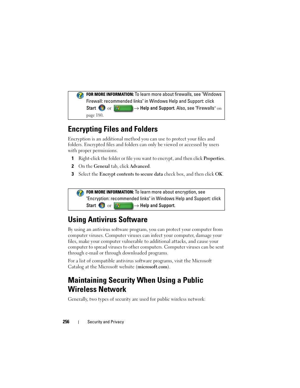 Encrypting files and folders, Using antivirus software | Dell Inspiron 14R (N4010, Early 2010) User Manual | Page 256 / 354