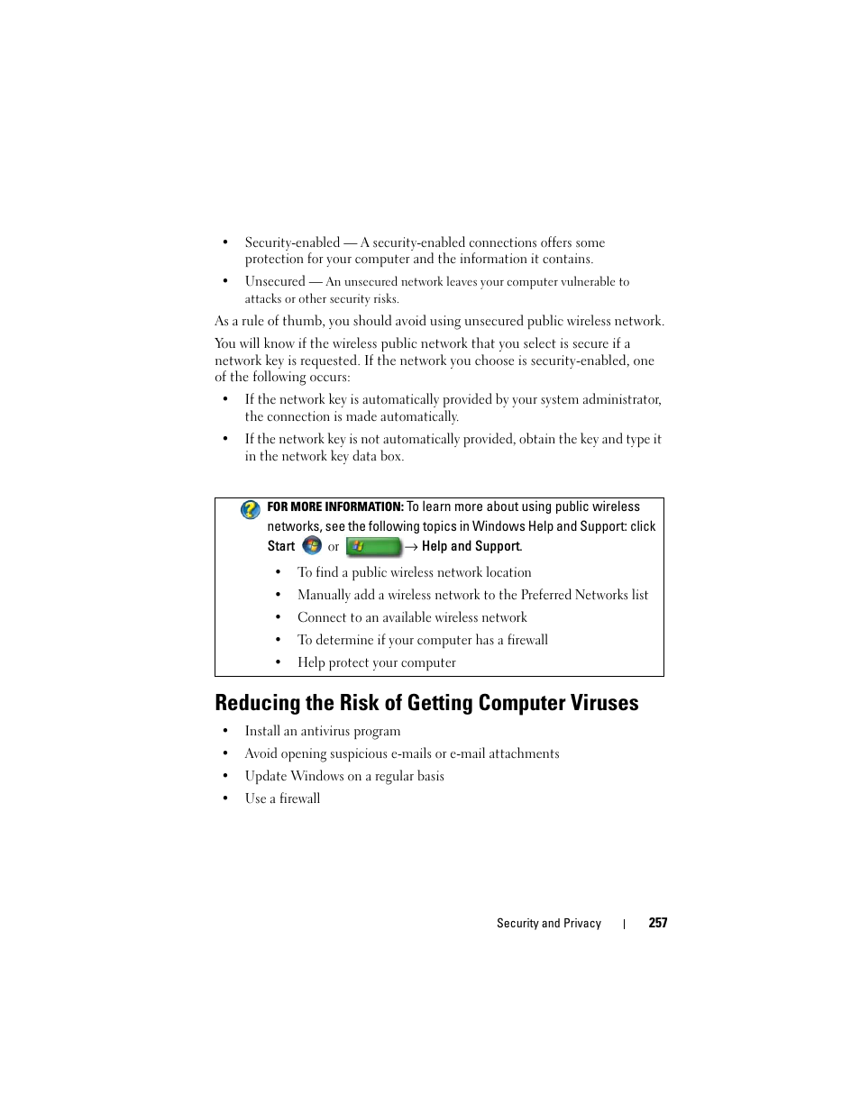 Reducing the risk of getting computer viruses | Dell Inspiron 14R (N4010, Early 2010) User Manual | Page 257 / 354