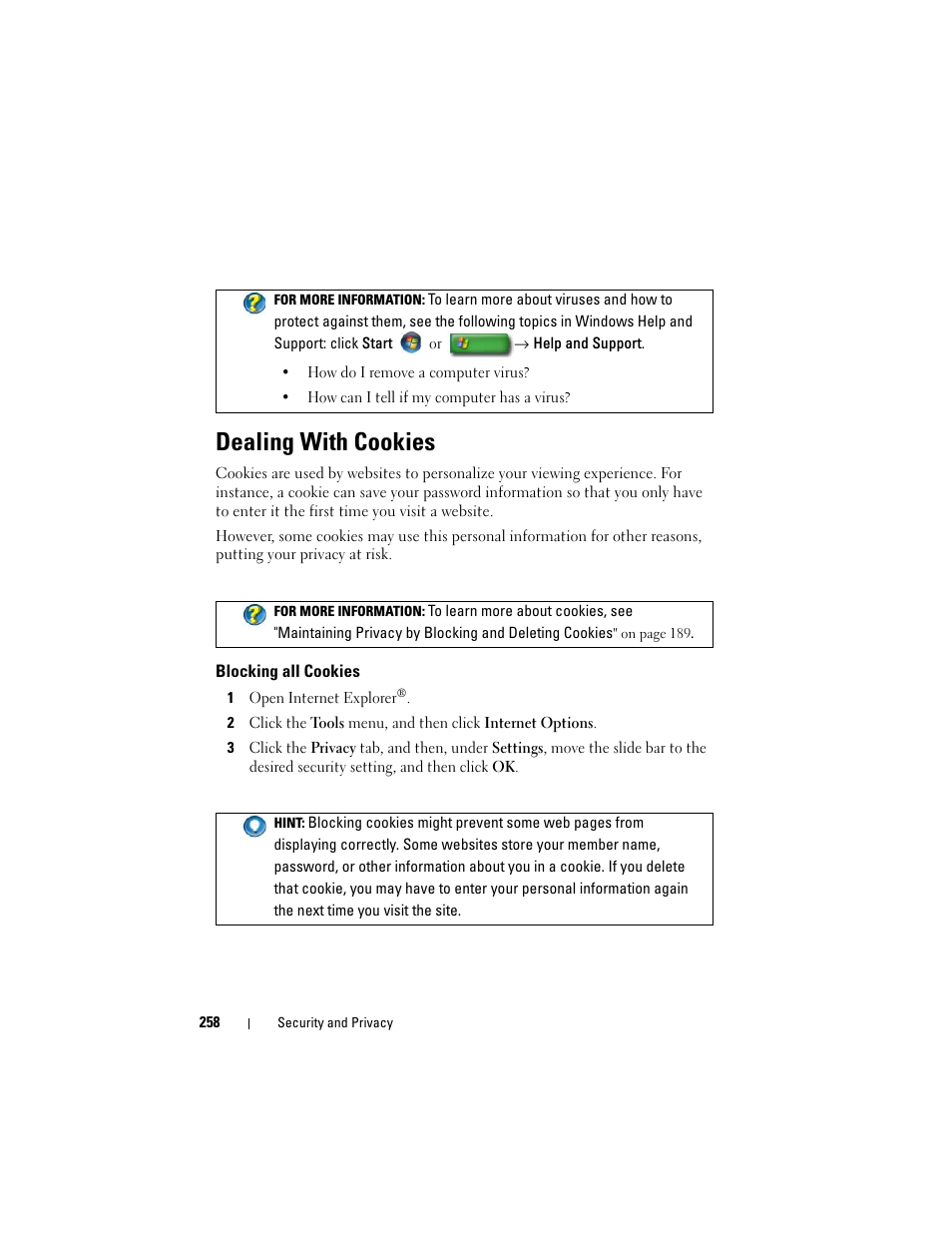 Dealing with cookies, Blocking all cookies | Dell Inspiron 14R (N4010, Early 2010) User Manual | Page 258 / 354