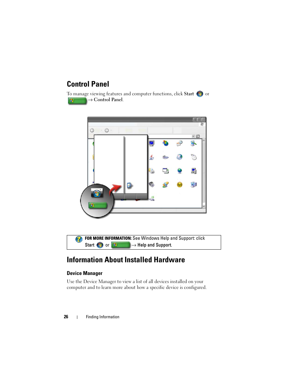 Control panel, Information about installed hardware, Device manager | Dell Inspiron 14R (N4010, Early 2010) User Manual | Page 26 / 354