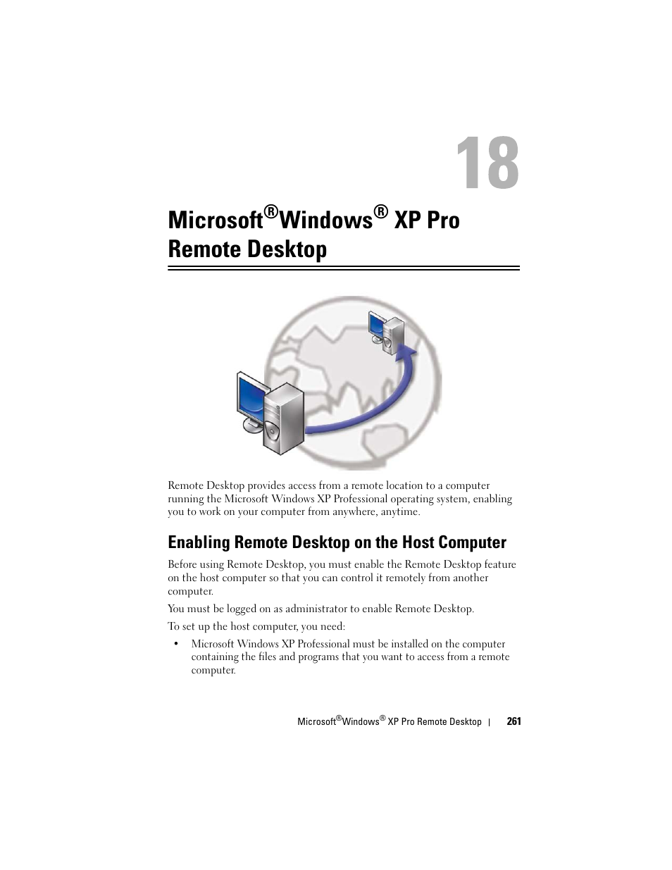 Microsoft®windows® xp pro remote desktop, Enabling remote desktop on the host computer, Microsoft | Windows, Xp pro remote desktop | Dell Inspiron 14R (N4010, Early 2010) User Manual | Page 261 / 354