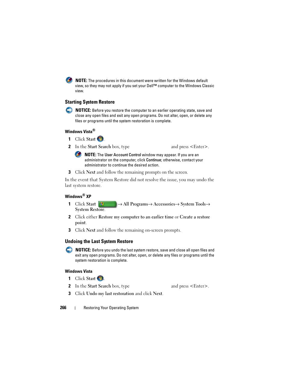 Starting system restore, Undoing the last system restore | Dell Inspiron 14R (N4010, Early 2010) User Manual | Page 266 / 354