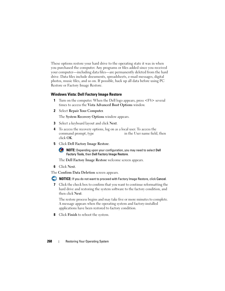 Windows vista: dell factory image restore | Dell Inspiron 14R (N4010, Early 2010) User Manual | Page 268 / 354