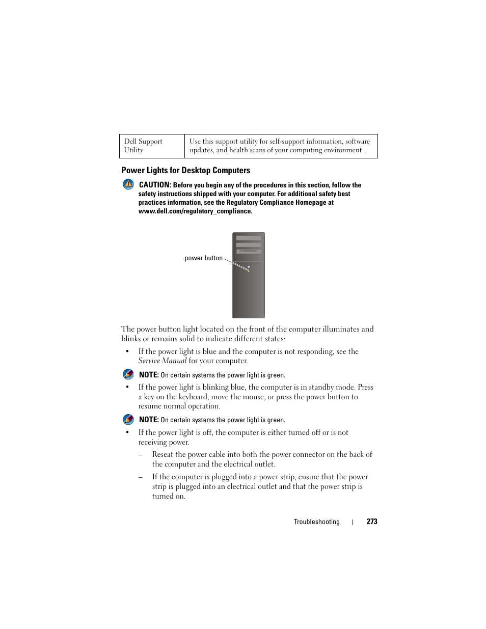 Power lights for desktop computers | Dell Inspiron 14R (N4010, Early 2010) User Manual | Page 273 / 354