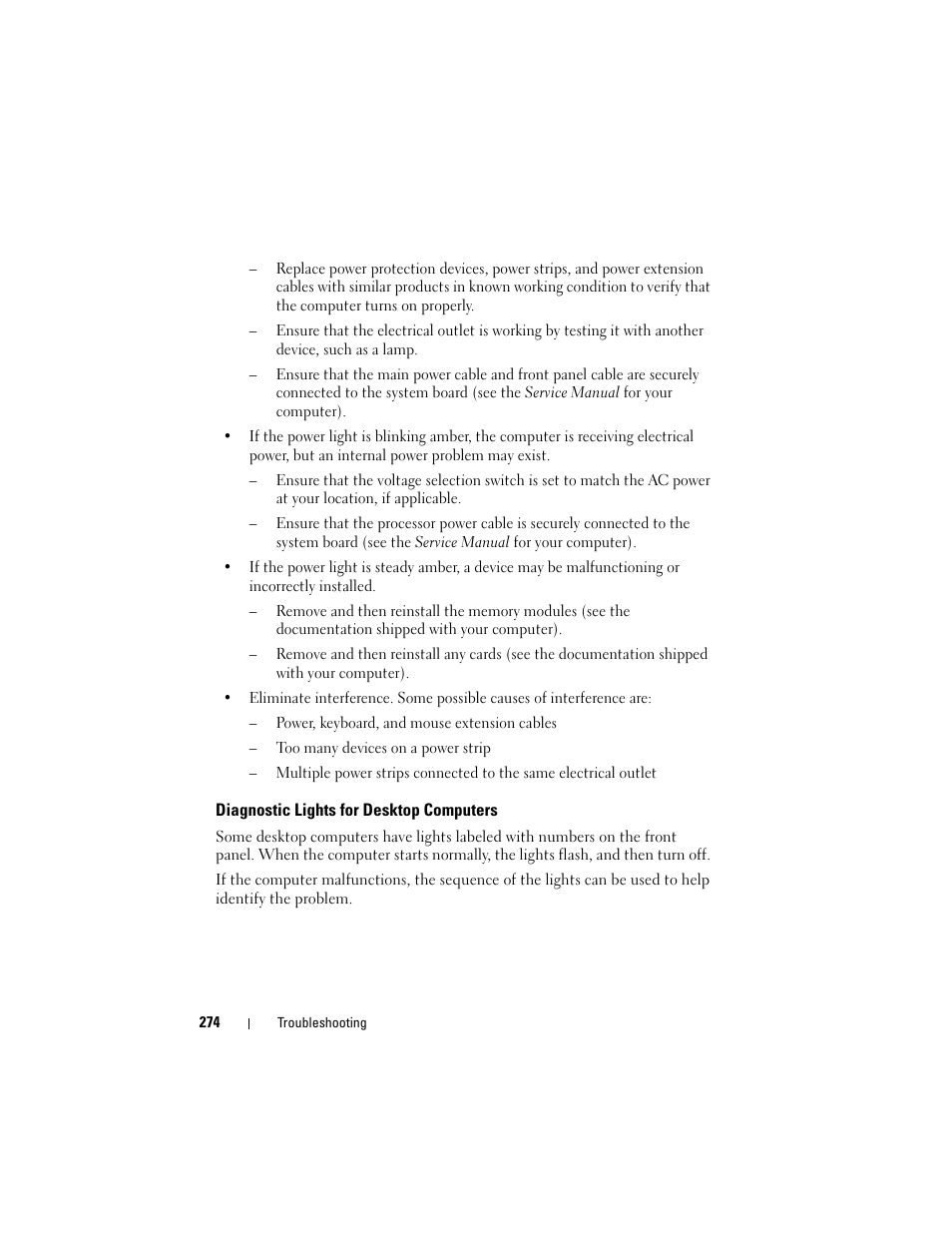 Diagnostic lights for desktop computers | Dell Inspiron 14R (N4010, Early 2010) User Manual | Page 274 / 354