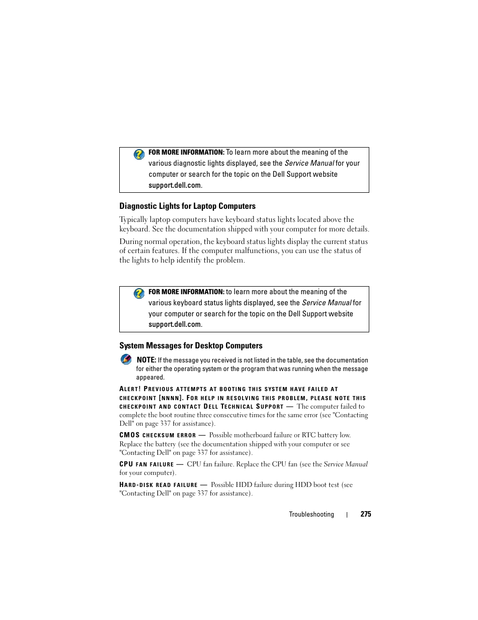 Diagnostic lights for laptop computers, System messages for desktop computers | Dell Inspiron 14R (N4010, Early 2010) User Manual | Page 275 / 354