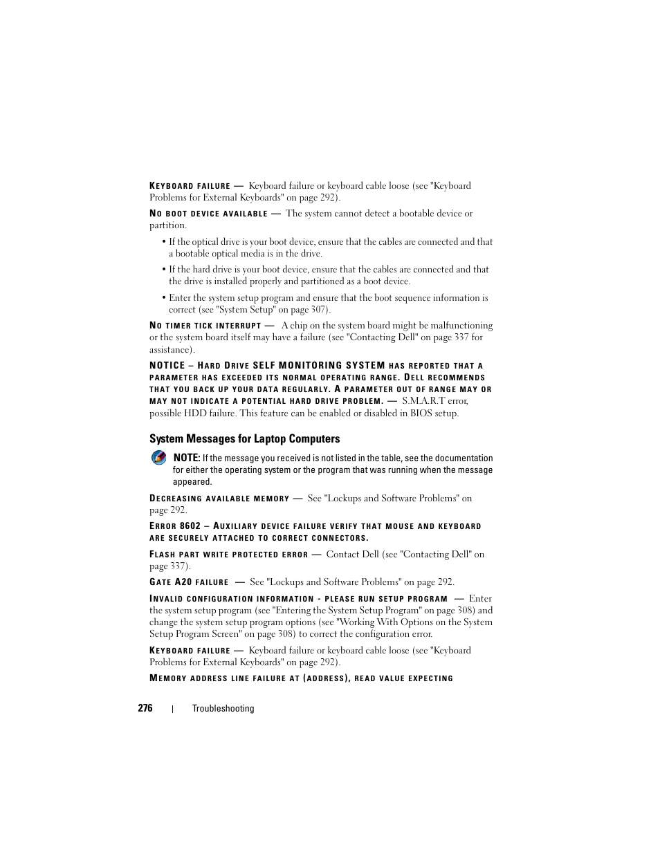 System messages for laptop computers | Dell Inspiron 14R (N4010, Early 2010) User Manual | Page 276 / 354