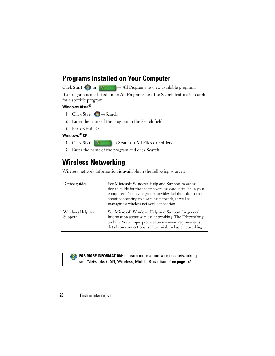 Programs installed on your computer, Wireless networking | Dell Inspiron 14R (N4010, Early 2010) User Manual | Page 28 / 354