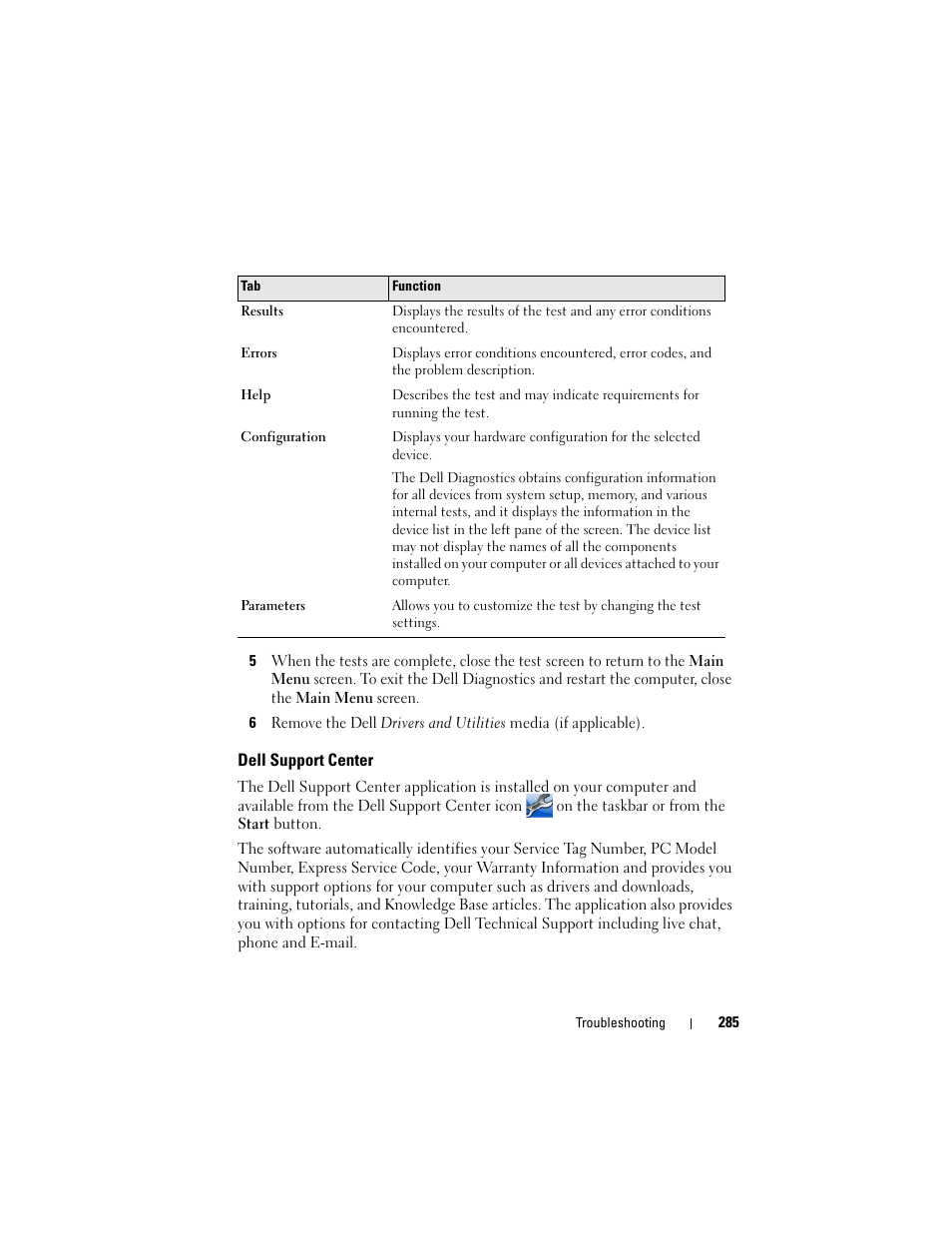 Dell support center | Dell Inspiron 14R (N4010, Early 2010) User Manual | Page 285 / 354