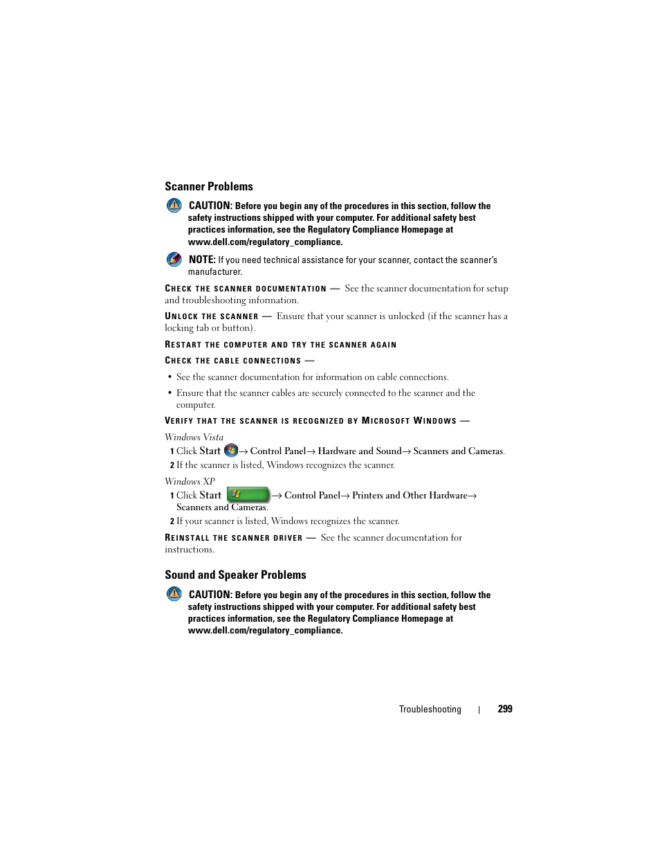 Scanner problems, Sound and speaker problems, See "sound and speaker problems" on | Dell Inspiron 14R (N4010, Early 2010) User Manual | Page 299 / 354