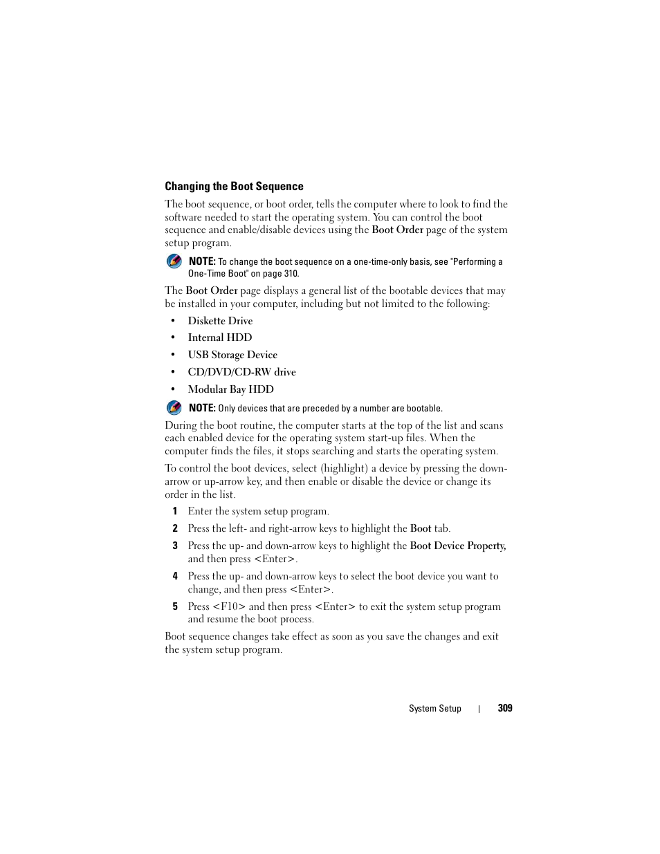 Changing the boot sequence | Dell Inspiron 14R (N4010, Early 2010) User Manual | Page 309 / 354