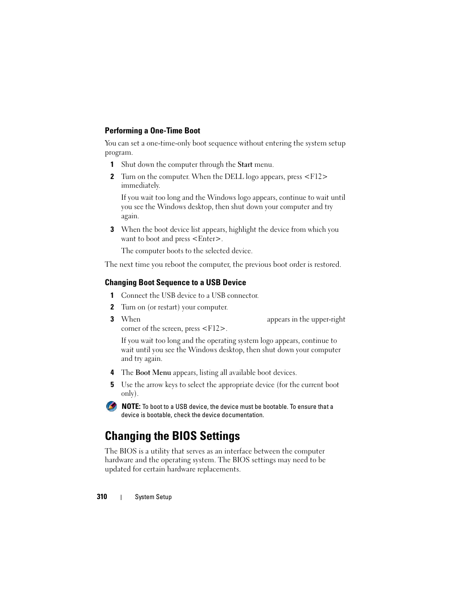 Performing a one-time boot, Changing boot sequence to a usb device, Changing the bios settings | Dell Inspiron 14R (N4010, Early 2010) User Manual | Page 310 / 354