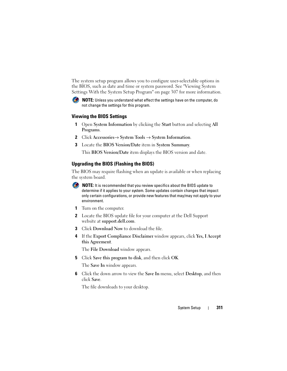 Viewing the bios settings, Upgrading the bios (flashing the bios) | Dell Inspiron 14R (N4010, Early 2010) User Manual | Page 311 / 354