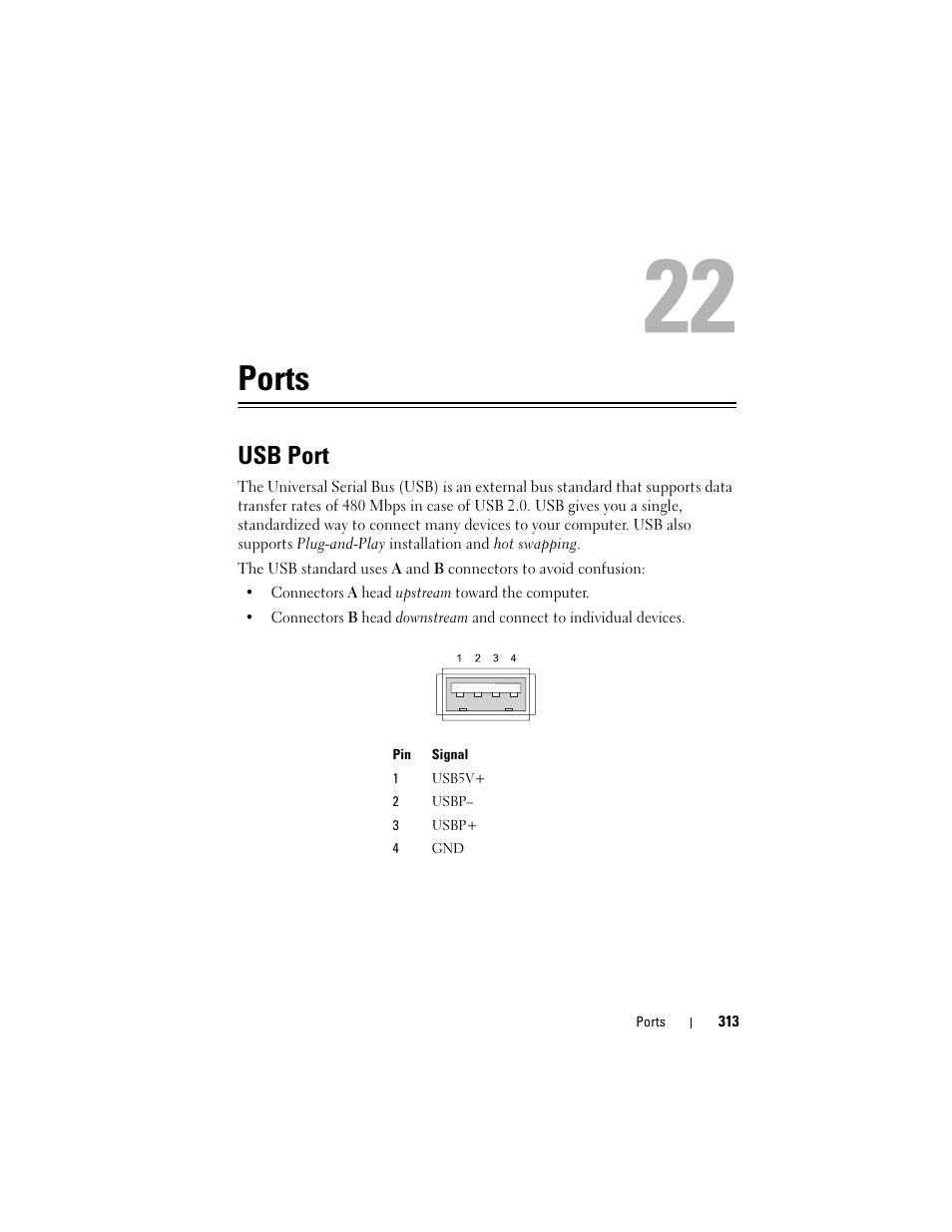 Ports, Usb port | Dell Inspiron 14R (N4010, Early 2010) User Manual | Page 313 / 354