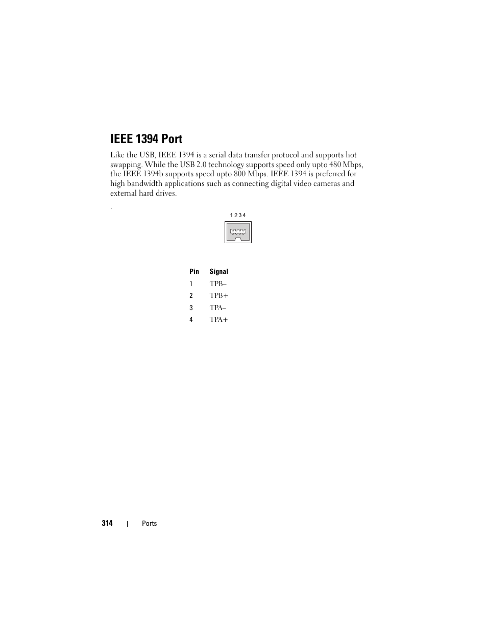 Ieee 1394 port | Dell Inspiron 14R (N4010, Early 2010) User Manual | Page 314 / 354