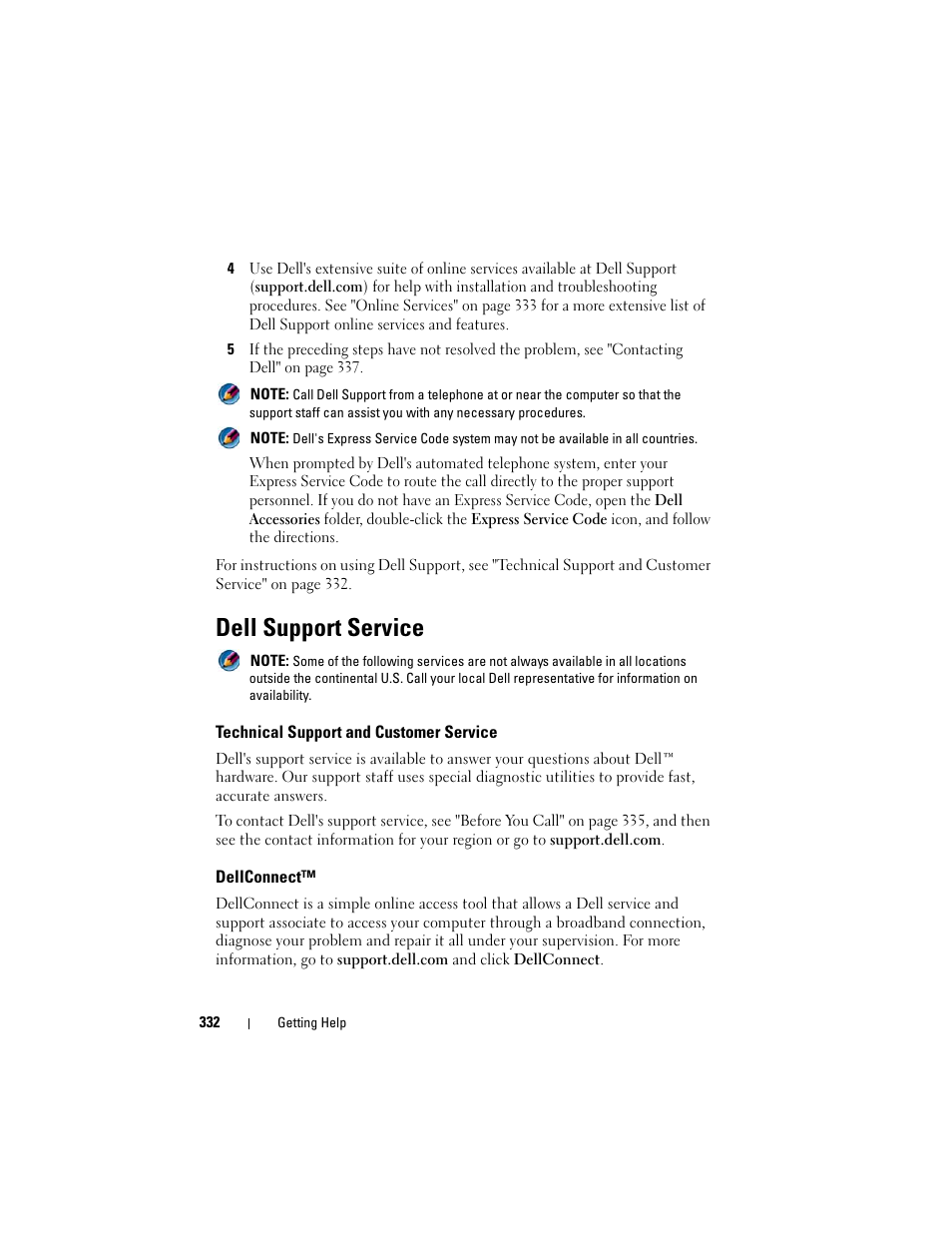 Dell support service, Technical support and customer service, Dellconnect | Dell Inspiron 14R (N4010, Early 2010) User Manual | Page 332 / 354