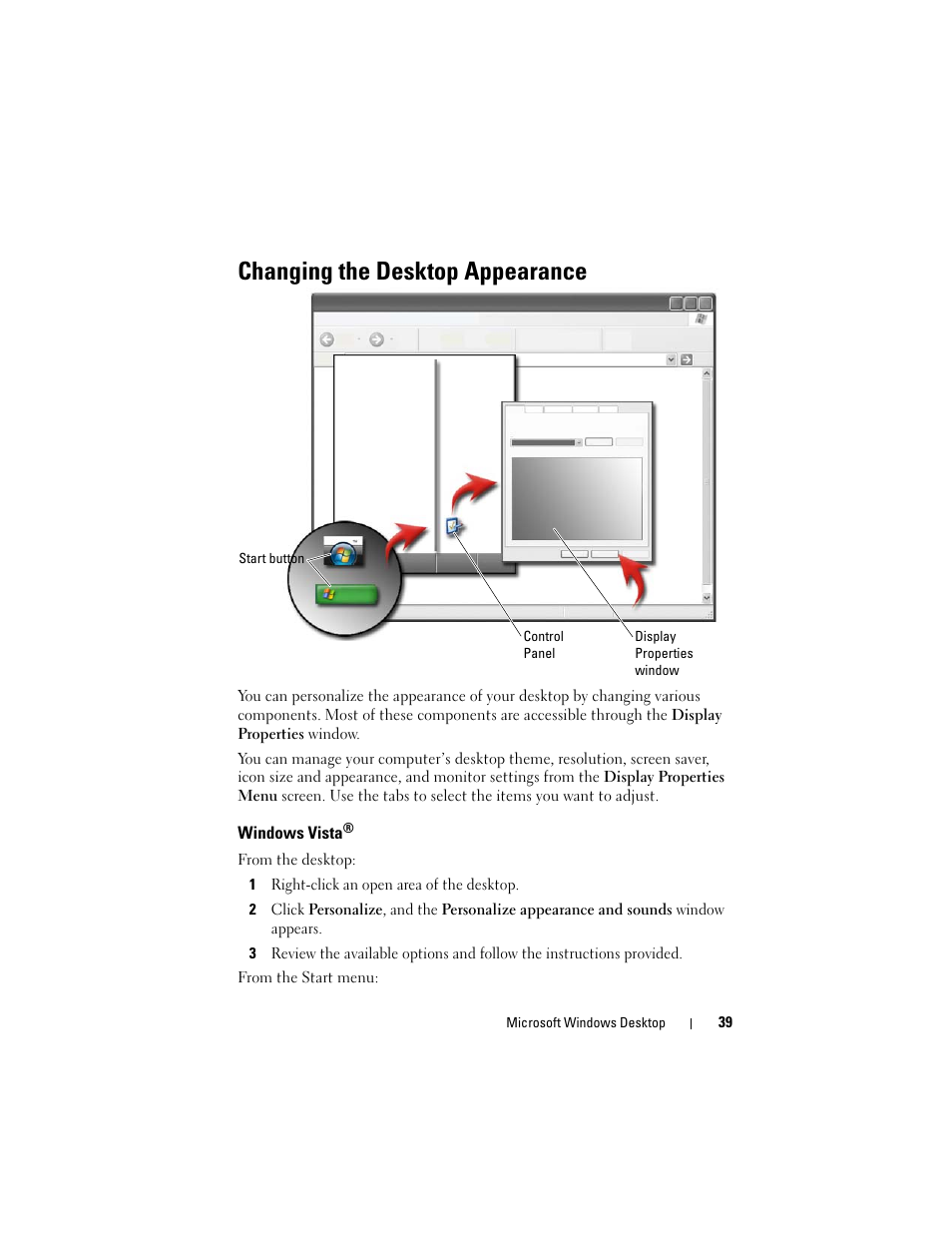 Changing the desktop appearance, Windows vista | Dell Inspiron 14R (N4010, Early 2010) User Manual | Page 39 / 354