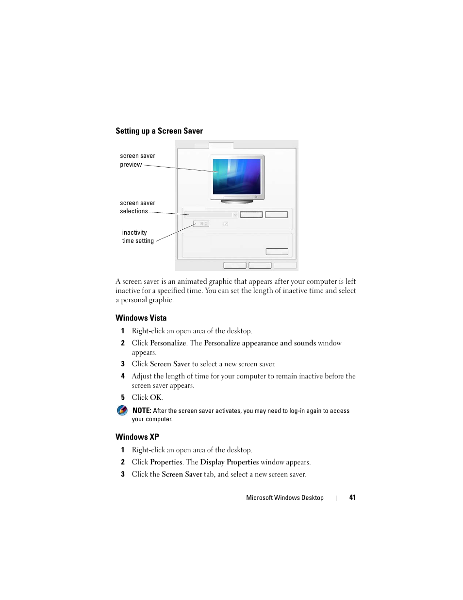 Setting up a screen saver, Windows vista, Windows xp | Dell Inspiron 14R (N4010, Early 2010) User Manual | Page 41 / 354