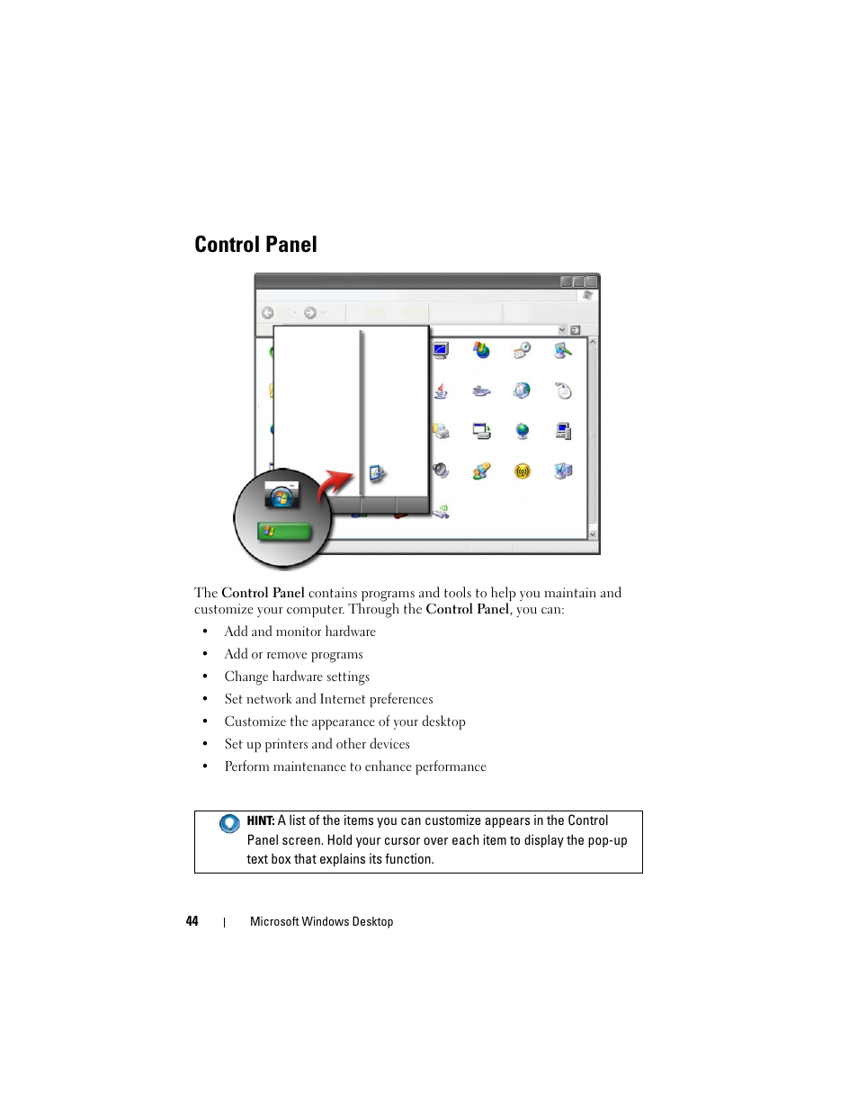 Control panel | Dell Inspiron 14R (N4010, Early 2010) User Manual | Page 44 / 354