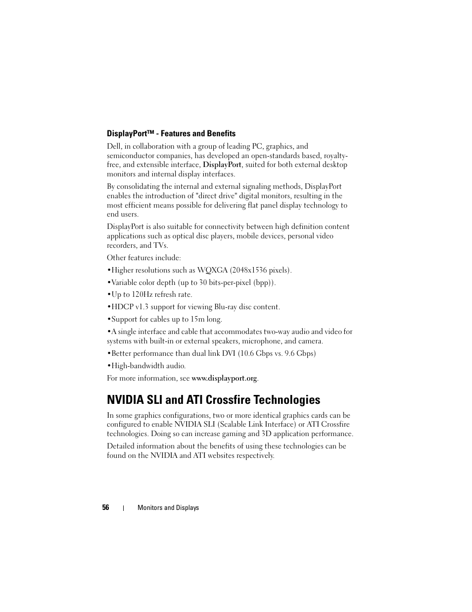 Displayport™ - features and benefits, Nvidia sli and ati crossfire technologies | Dell Inspiron 14R (N4010, Early 2010) User Manual | Page 56 / 354