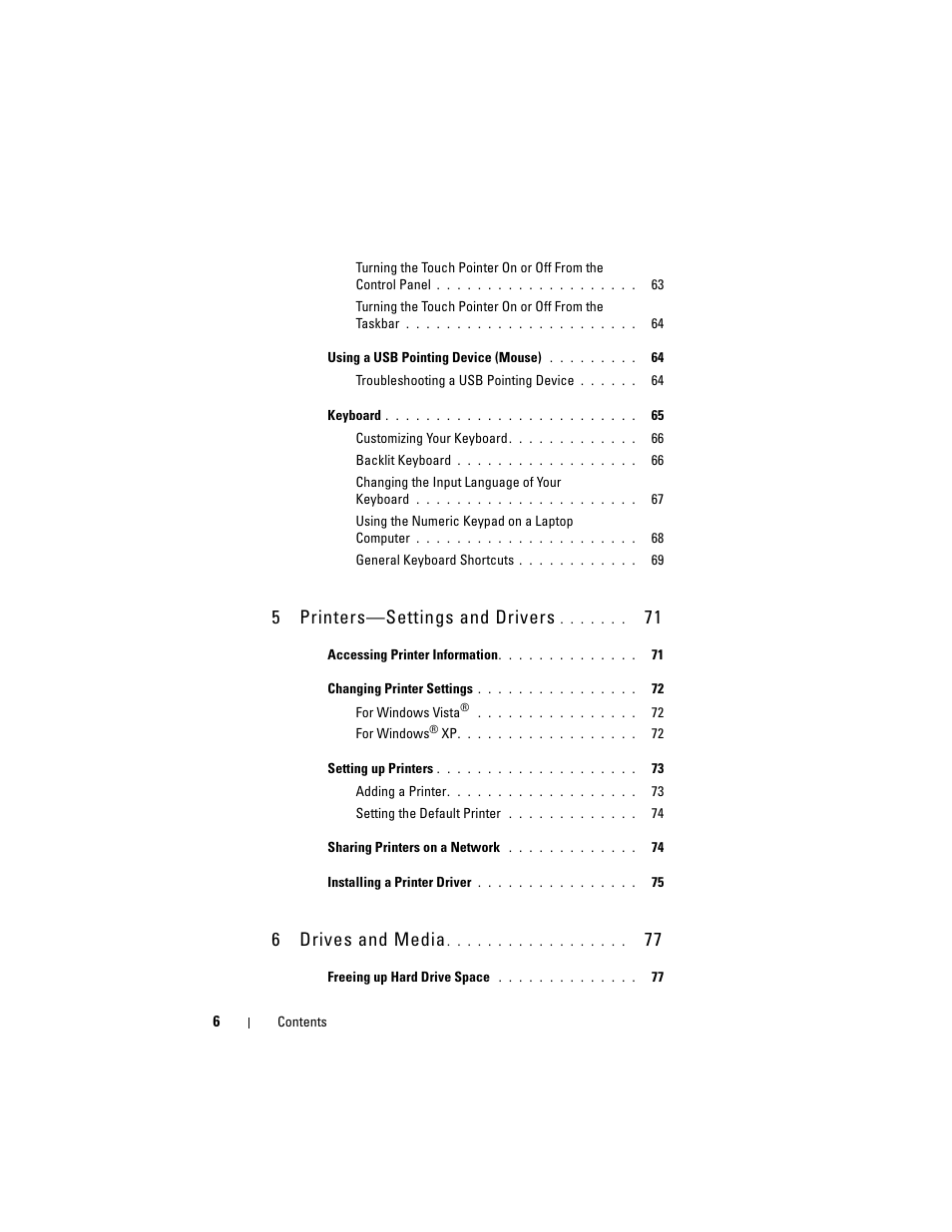 5printers—settings and drivers, 6drives and media | Dell Inspiron 14R (N4010, Early 2010) User Manual | Page 6 / 354