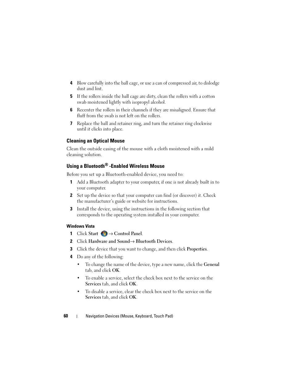 Cleaning an optical mouse, Using a bluetooth® -enabled wireless mouse, Using a bluetooth | Dell Inspiron 14R (N4010, Early 2010) User Manual | Page 60 / 354