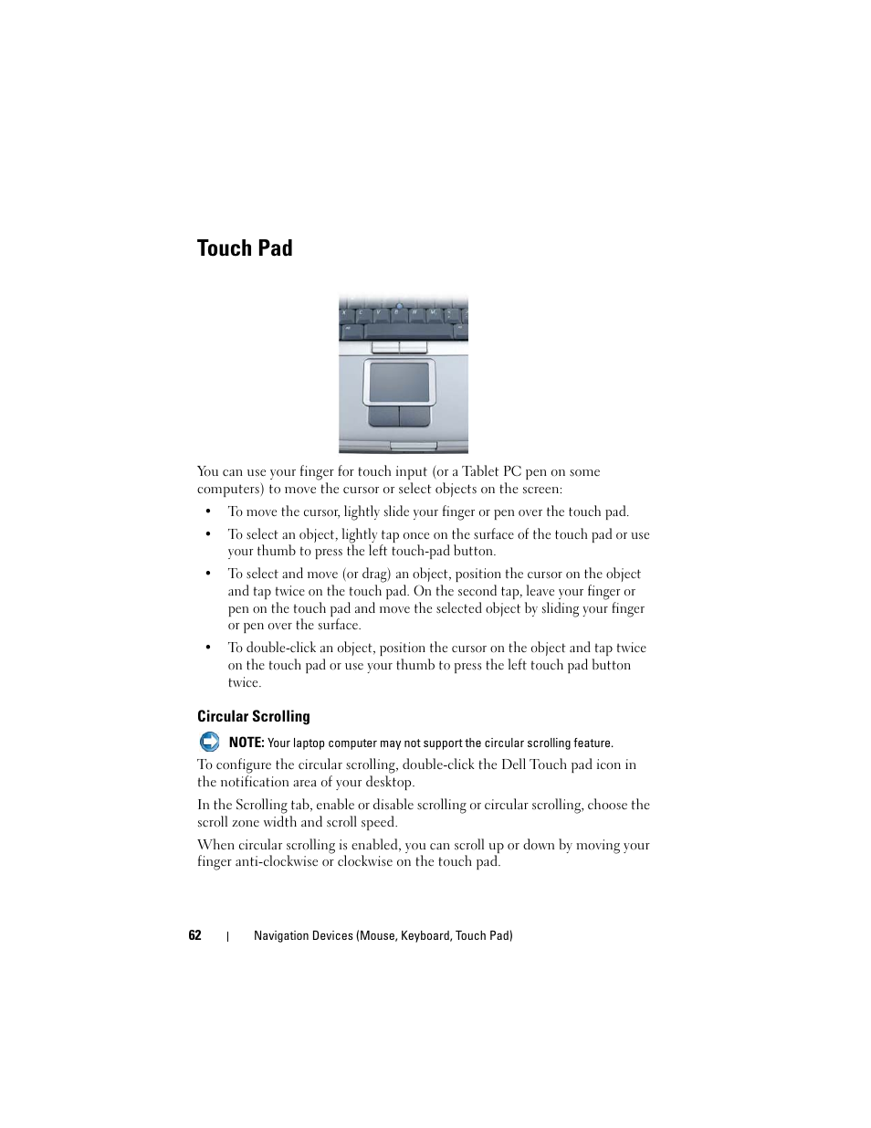 Touch pad, Circular scrolling | Dell Inspiron 14R (N4010, Early 2010) User Manual | Page 62 / 354