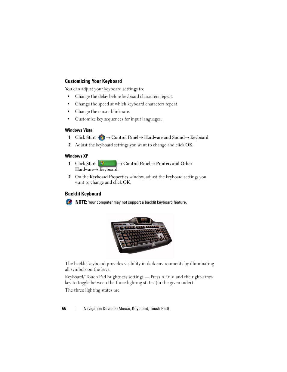 Customizing your keyboard, Backlit keyboard | Dell Inspiron 14R (N4010, Early 2010) User Manual | Page 66 / 354