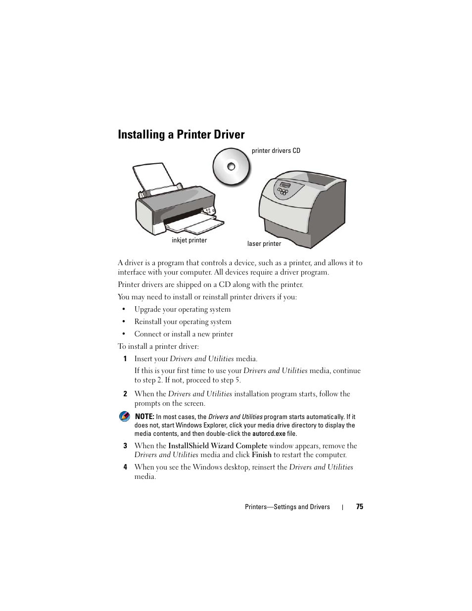 Installing a printer driver | Dell Inspiron 14R (N4010, Early 2010) User Manual | Page 75 / 354