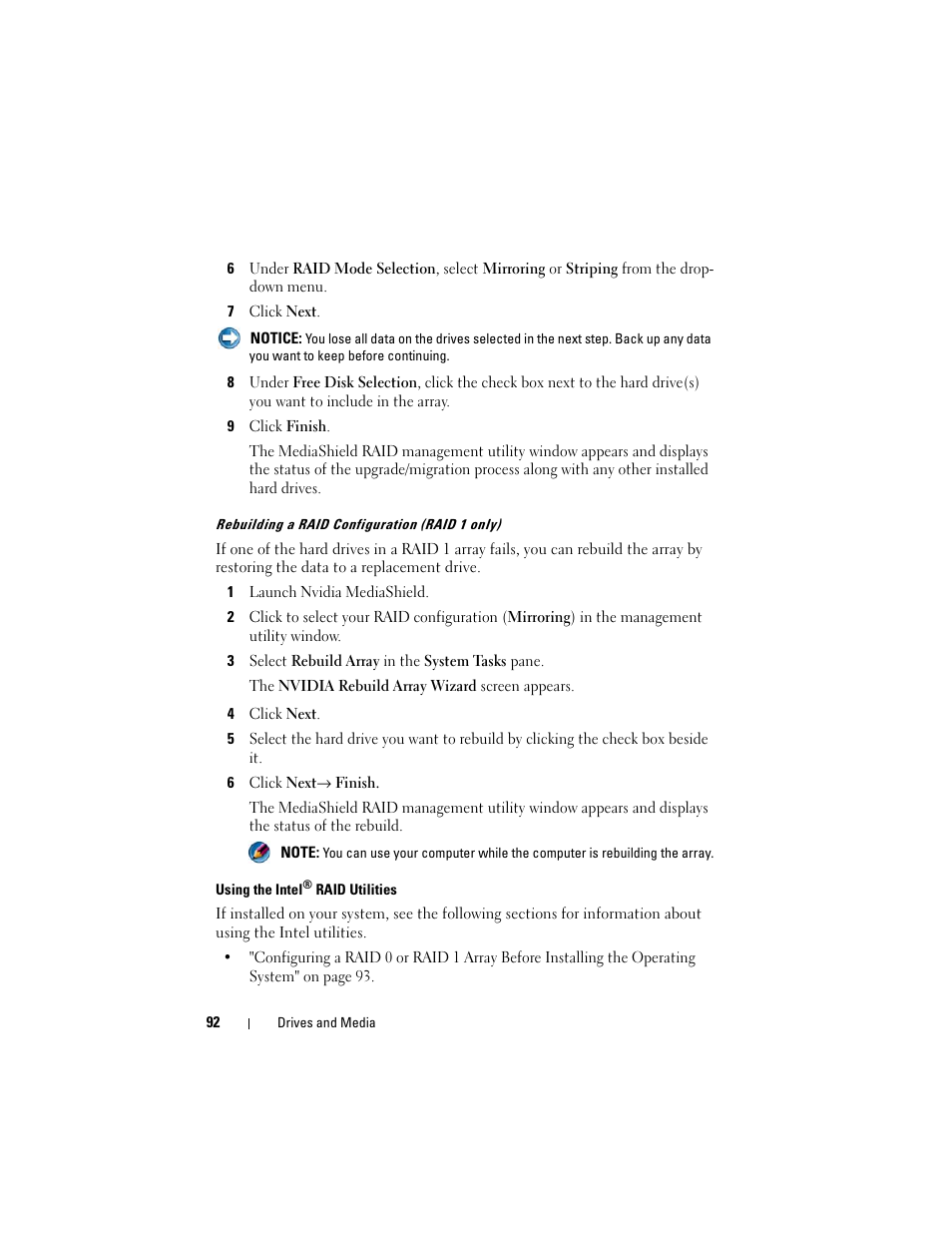 Using the intel, Raid utilities | Dell Inspiron 14R (N4010, Early 2010) User Manual | Page 92 / 354