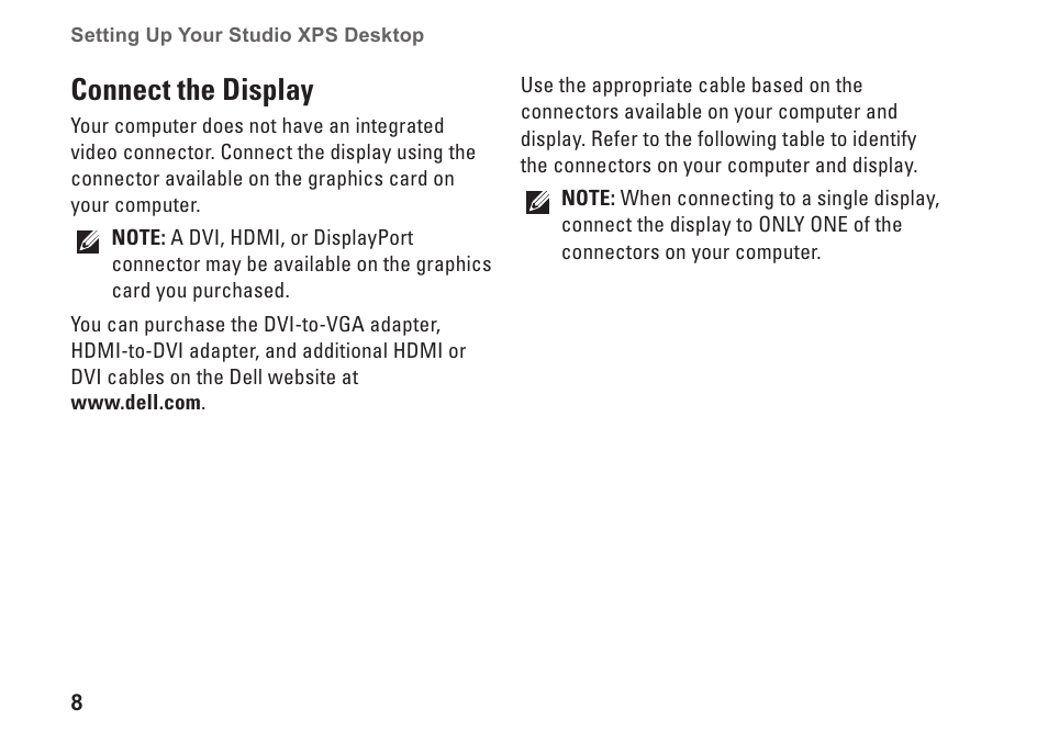 Connect the display | Dell Studio XPS 8000 (Late 2009) User Manual | Page 10 / 72