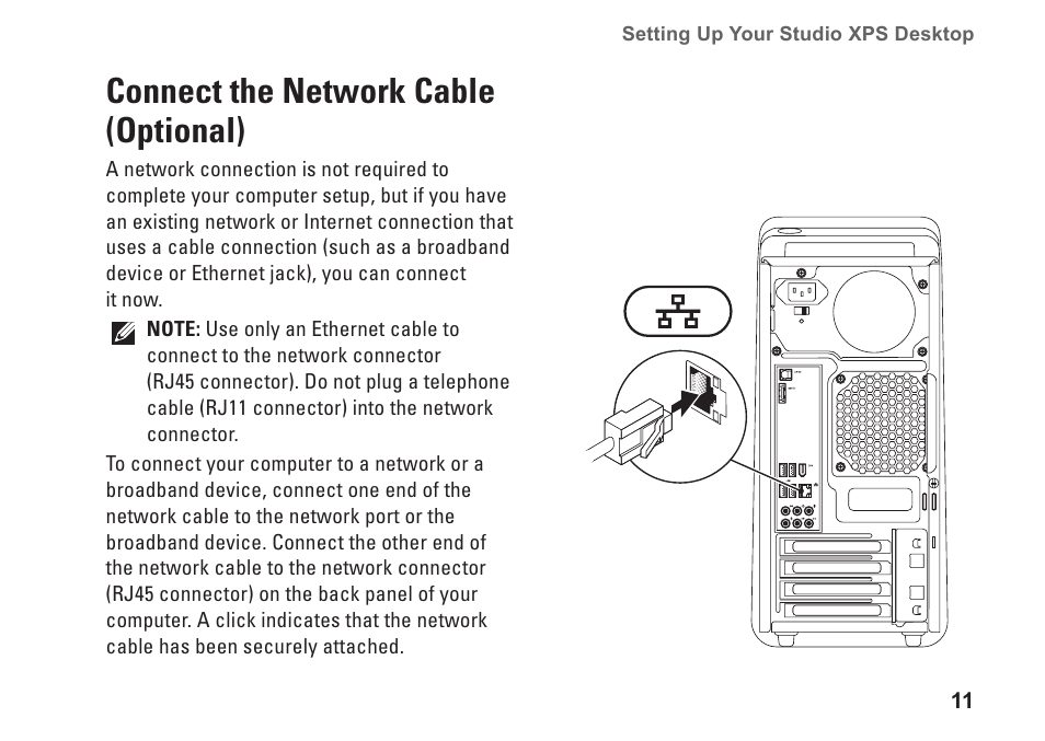 Connect the network cable (optional) | Dell Studio XPS 8000 (Late 2009) User Manual | Page 13 / 72