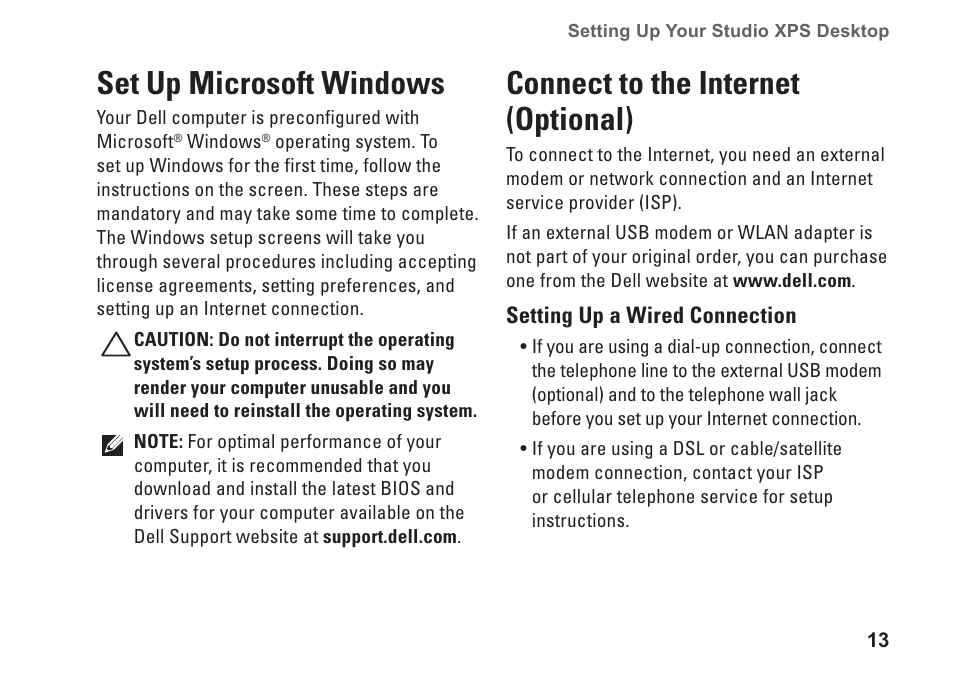 Set up microsoft windows, Connect to the internet (optional) | Dell Studio XPS 8000 (Late 2009) User Manual | Page 15 / 72