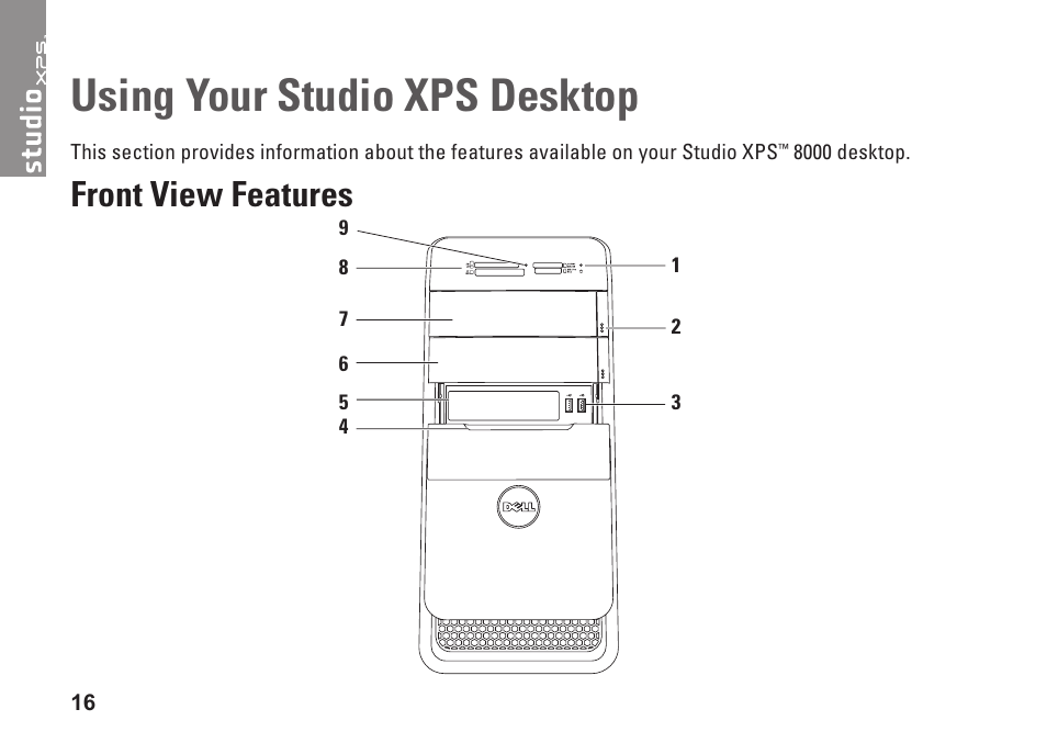 Using your studio xps desktop, Front view features | Dell Studio XPS 8000 (Late 2009) User Manual | Page 18 / 72