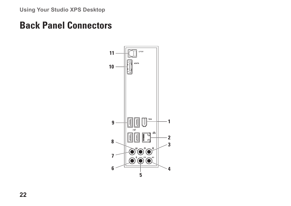 Back panel connectors | Dell Studio XPS 8000 (Late 2009) User Manual | Page 24 / 72