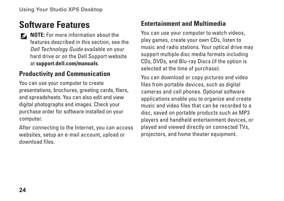 Software features | Dell Studio XPS 8000 (Late 2009) User Manual | Page 26 / 72