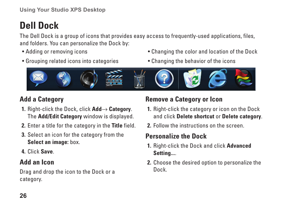 Dell dock | Dell Studio XPS 8000 (Late 2009) User Manual | Page 28 / 72