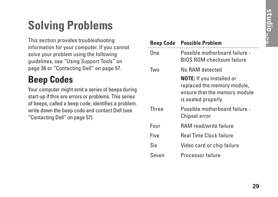 Solving problems, Beep codes | Dell Studio XPS 8000 (Late 2009) User Manual | Page 31 / 72