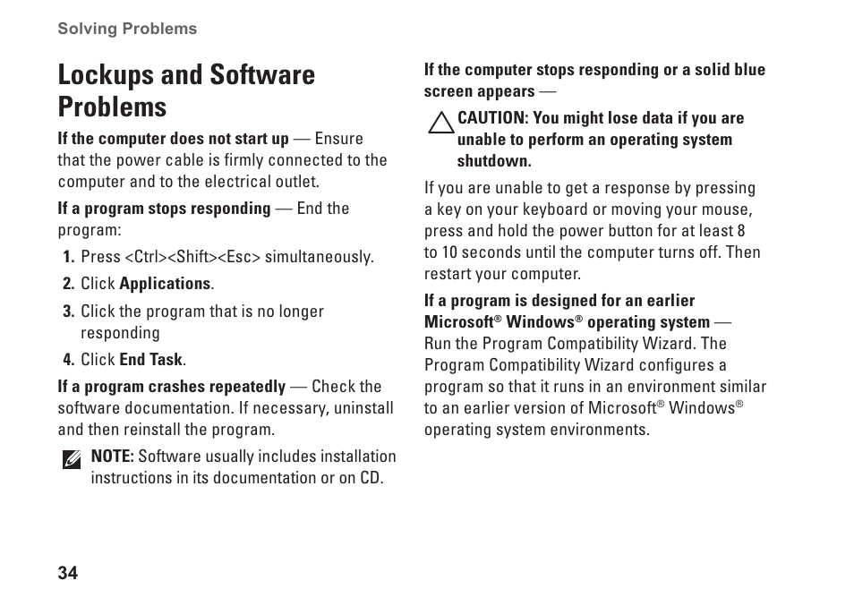 Lockups and software problems | Dell Studio XPS 8000 (Late 2009) User Manual | Page 36 / 72