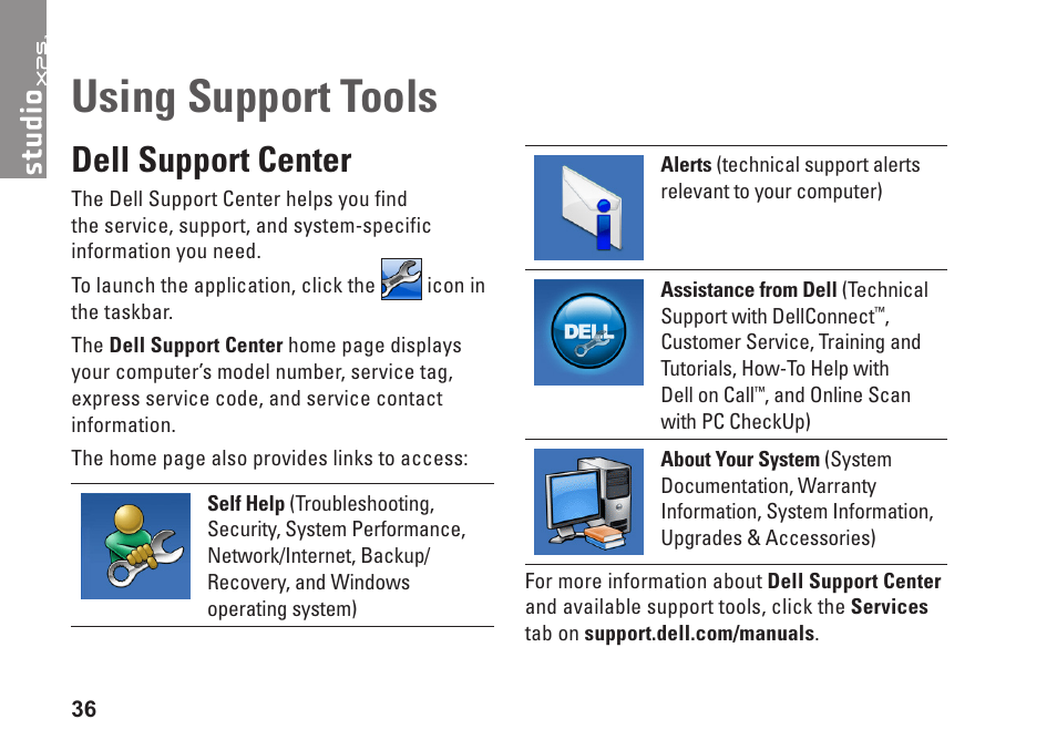 Using support tools, Dell support center | Dell Studio XPS 8000 (Late 2009) User Manual | Page 38 / 72