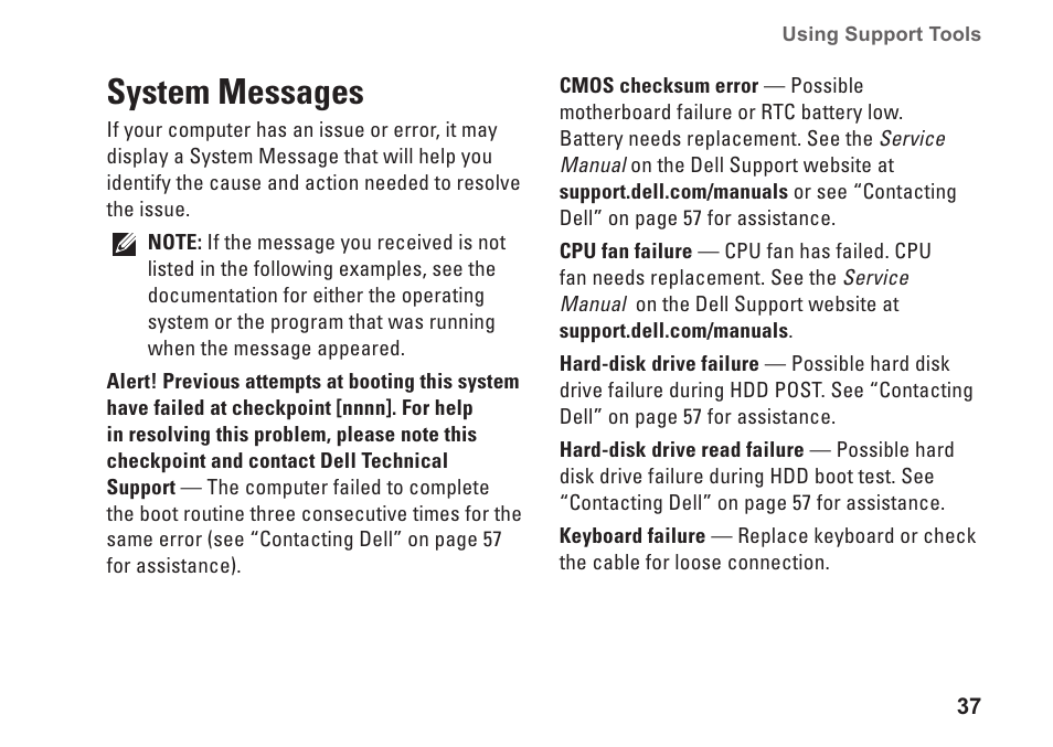 System messages | Dell Studio XPS 8000 (Late 2009) User Manual | Page 39 / 72