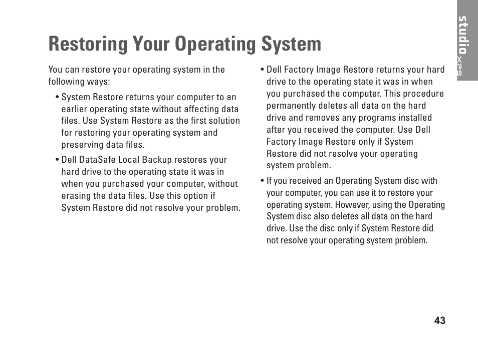 Restoring your operating system | Dell Studio XPS 8000 (Late 2009) User Manual | Page 45 / 72