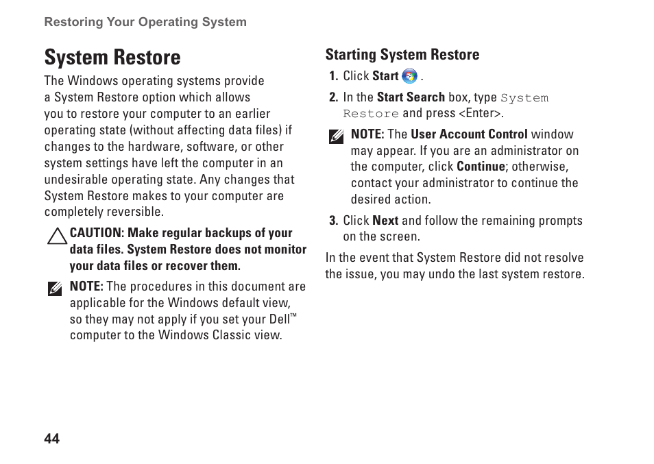 System restore | Dell Studio XPS 8000 (Late 2009) User Manual | Page 46 / 72