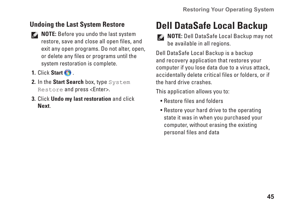 Dell datasafe local backup | Dell Studio XPS 8000 (Late 2009) User Manual | Page 47 / 72