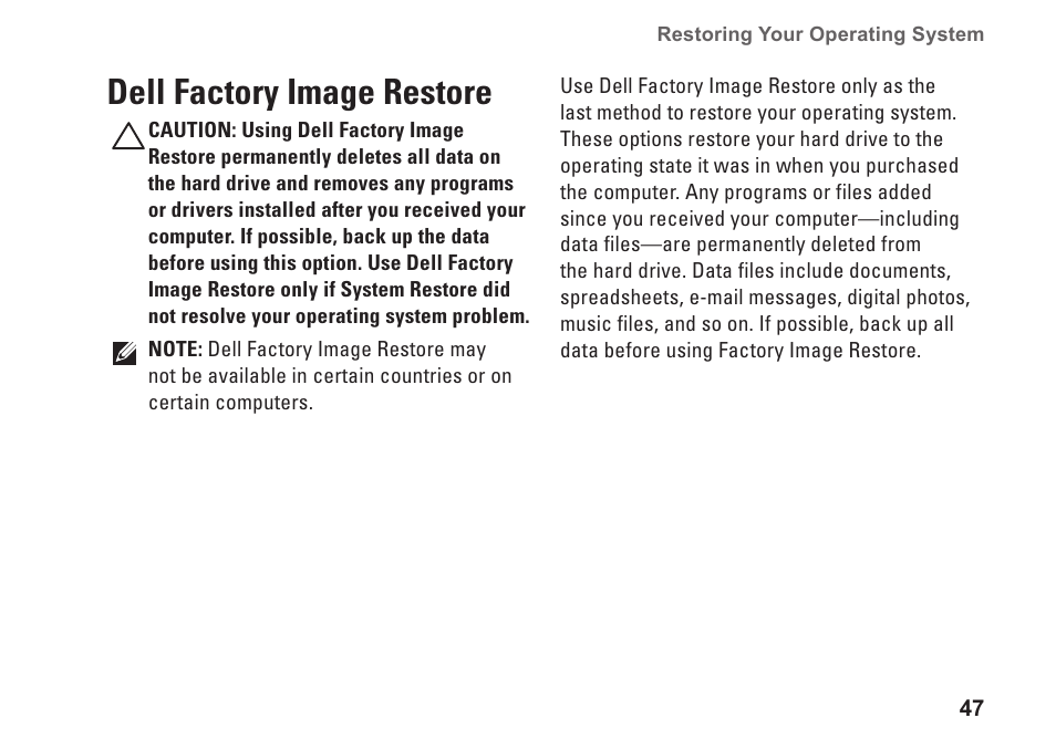 Dell factory image restore | Dell Studio XPS 8000 (Late 2009) User Manual | Page 49 / 72