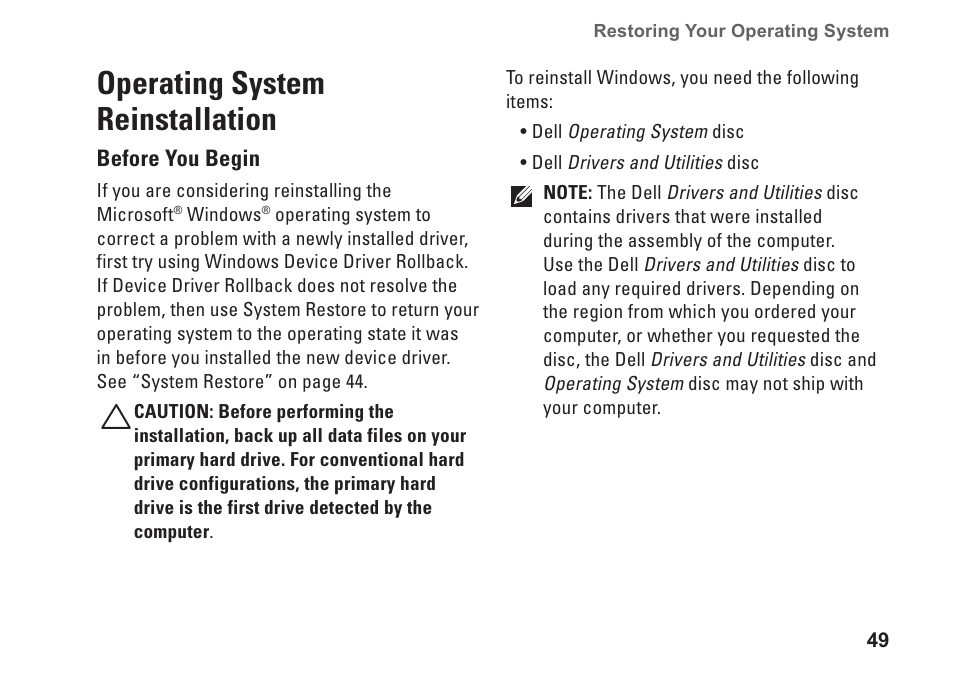 Operating system reinstallation | Dell Studio XPS 8000 (Late 2009) User Manual | Page 51 / 72